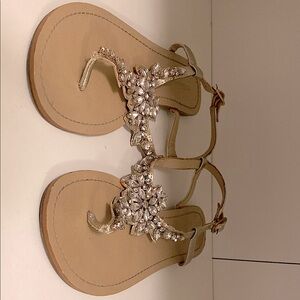 BCBGeneration Elegant Tan Sandals with Crystal Embellishments